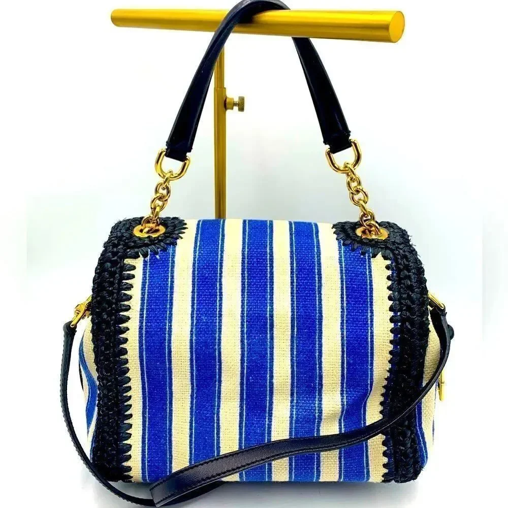 Auth Dolce & Gabbana Blue White Striped Canvas Raffia Handbag Lock Key Preloved